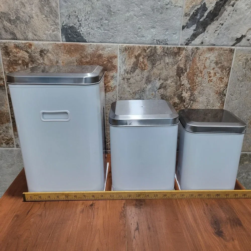 Nesting Square White & Silver Tin Cans Set of 3
